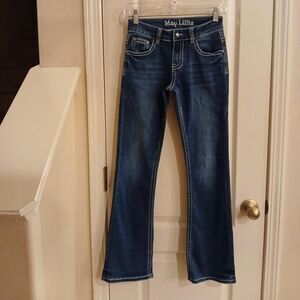 May Lillie bootcut jeans thick white stitch crochet lace embellished pockets 12y